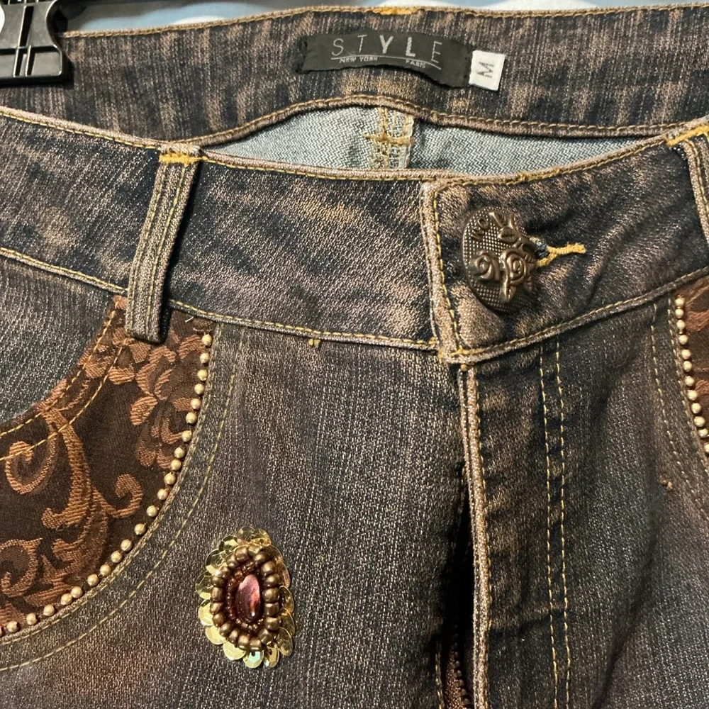 Y2K Embellished Bedazzled Distressed Flare Bottom Jeans Women’s Sz medium - Picture 3 of 6